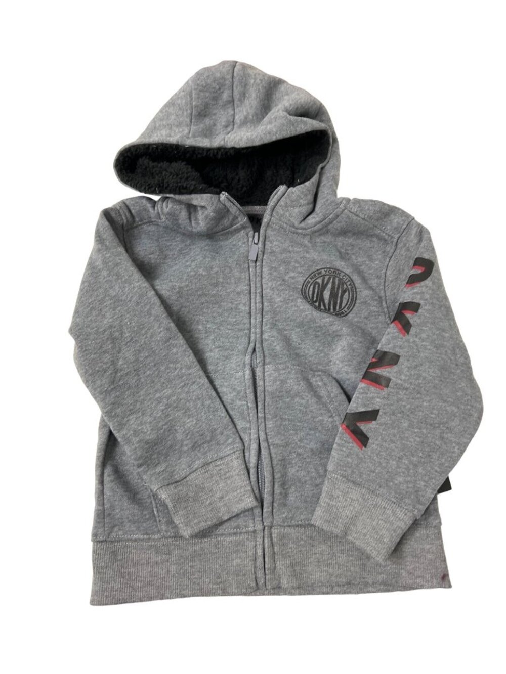 DKNY Heather Grey Zip Up Hoodie With Plush Black Lined Hood